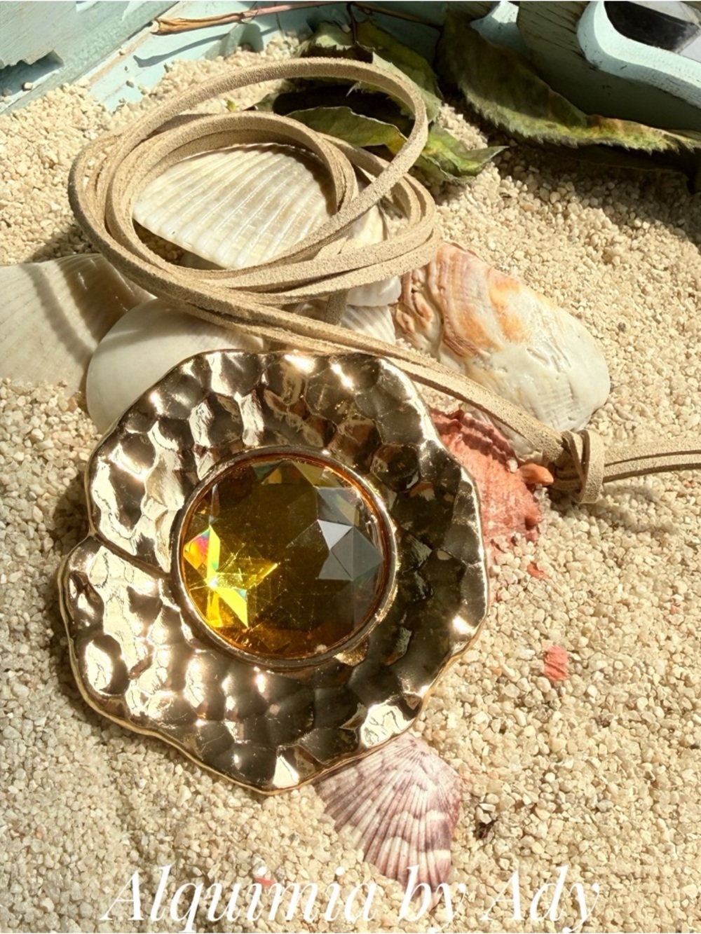 EXAGGERATED Gold-Tone Pendant Necklace with Amber Crystal on Tan Suede Cord